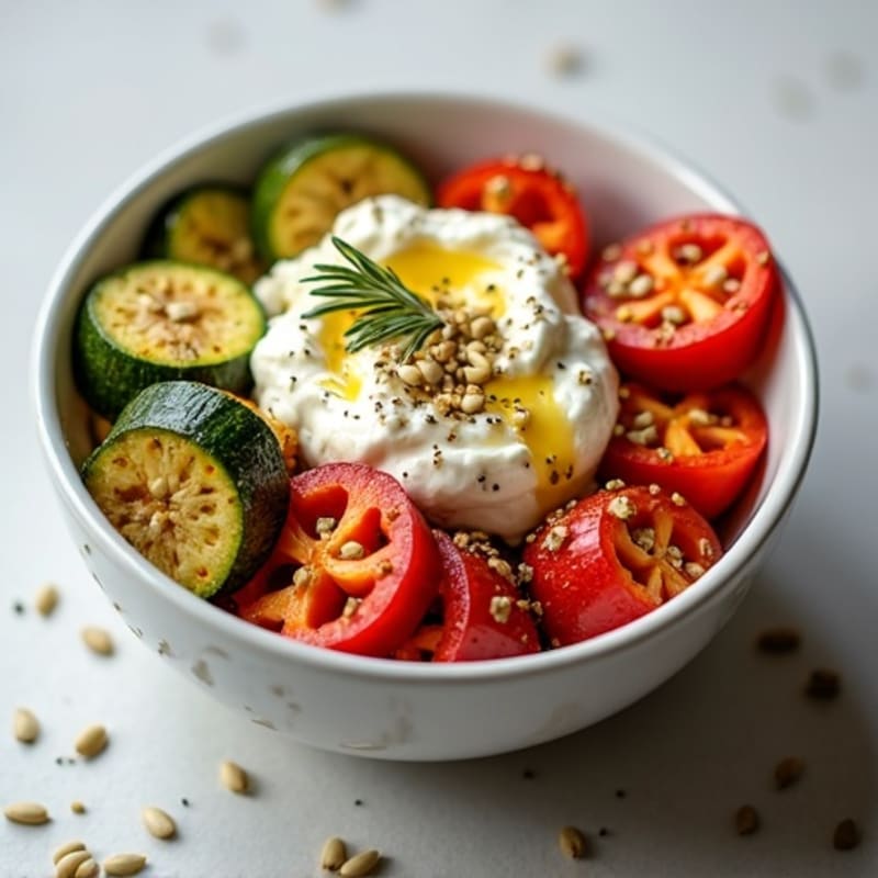 Savory Cottage Cheese Bowl with Roasted Vegetables and Crispy Seeds