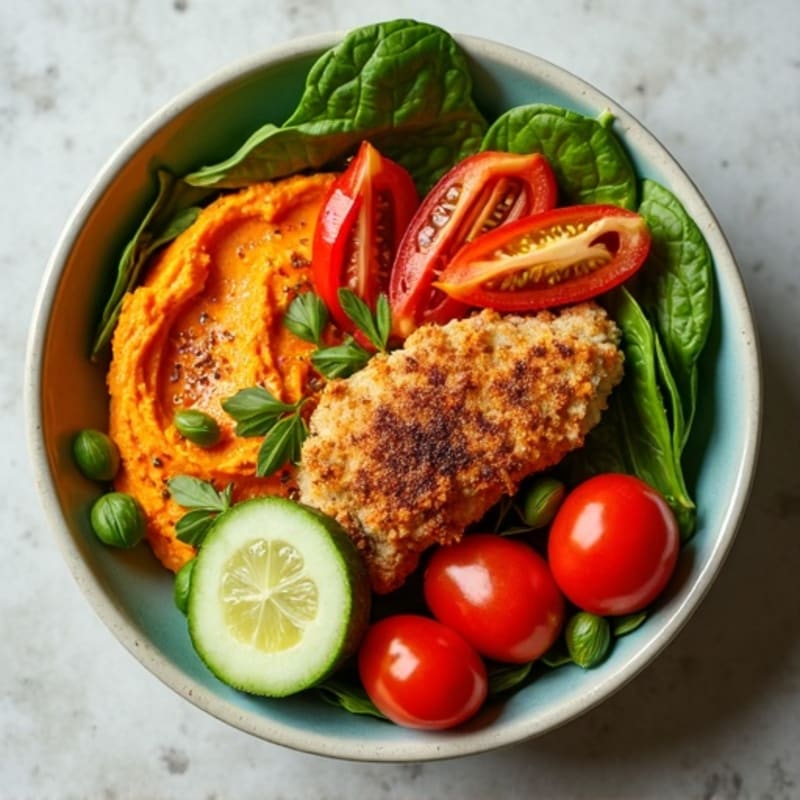 Roasted Red Pepper Hummus Bowl with Crispy Chicken and Fresh Veggies