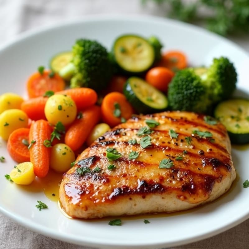 Pan-Seared Chicken with Sweet and Savory Glaze and Roasted Vegetables