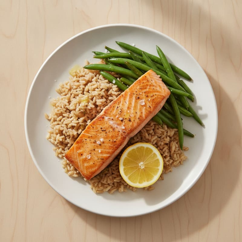 Seared Salmon with Steamed Green Beans and Brown Rice
