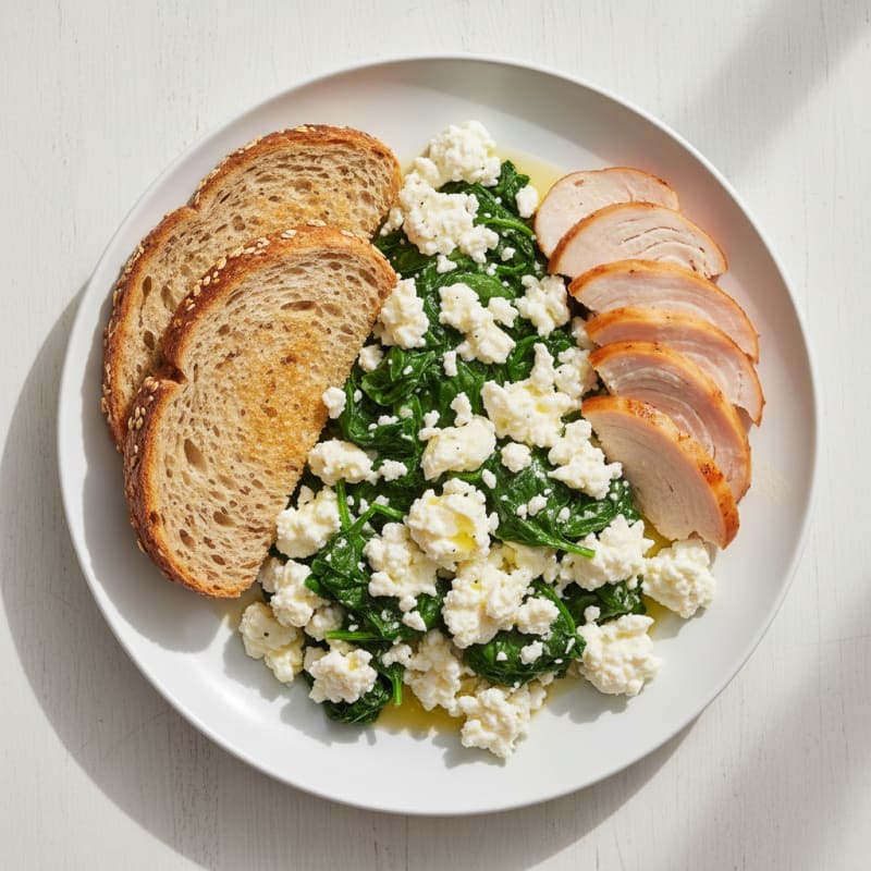 Egg White and Spinach Scramble with Cottage Cheese and Sliced Turkey
