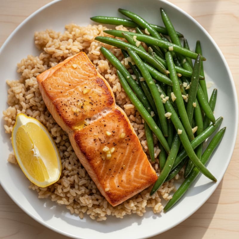 Seared Salmon Fillet with Garlic Green Beans and Brown Rice