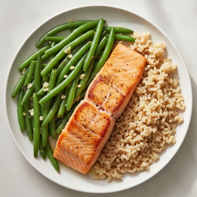Seared Salmon with Garlic Green Beans and Brown Rice