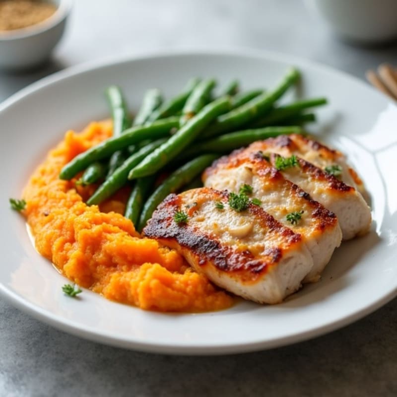 Seared Turkey Breast with Garlic Green Beans and Sweet Potato Mash