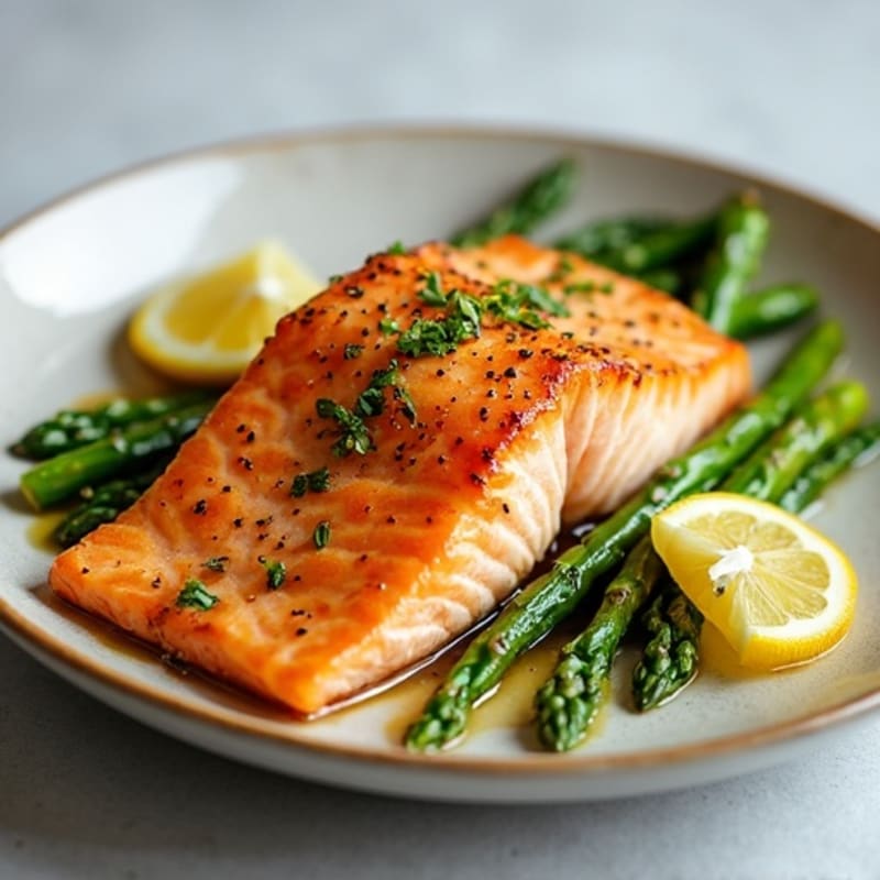 Crispy Skin Roasted Salmon with Lemon-Garlic Asparagus