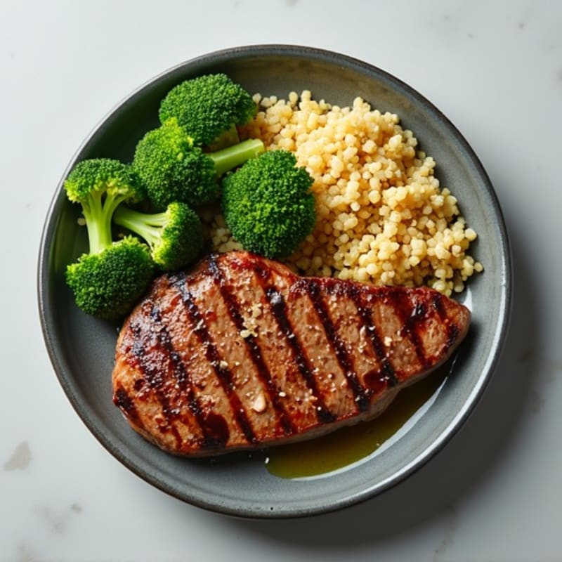 Grilled Steak with Steamed Broccoli and Quinoa