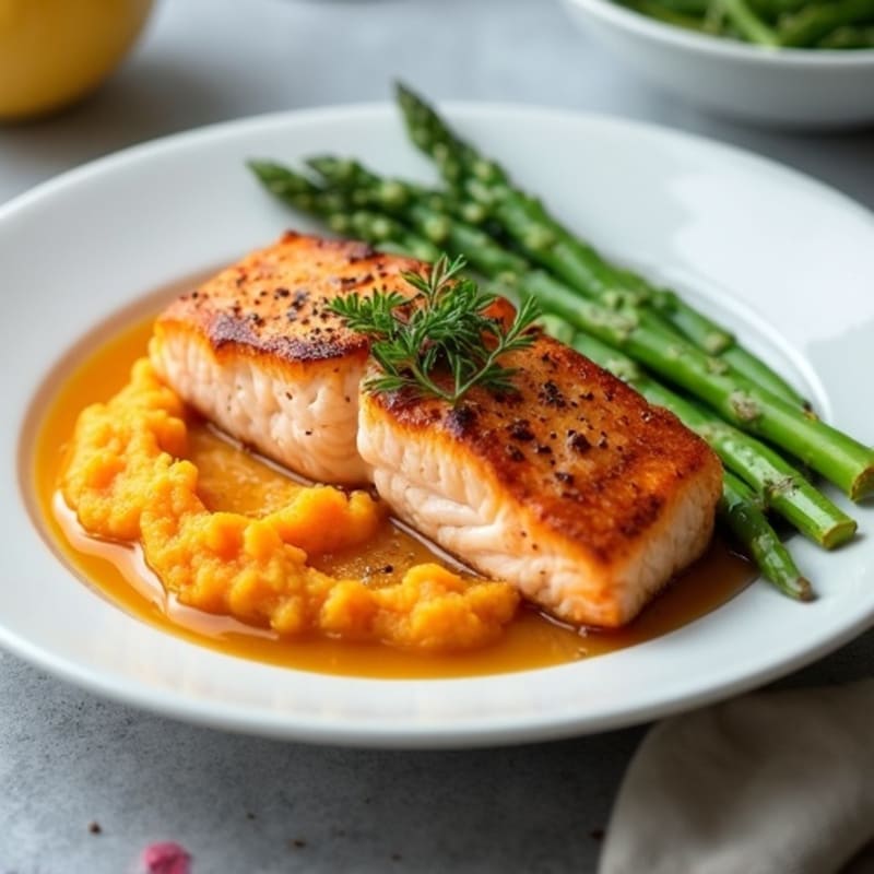 Seared Salmon Fillet with Garlic Mashed Sweet Potatoes and Steamed Asparagus