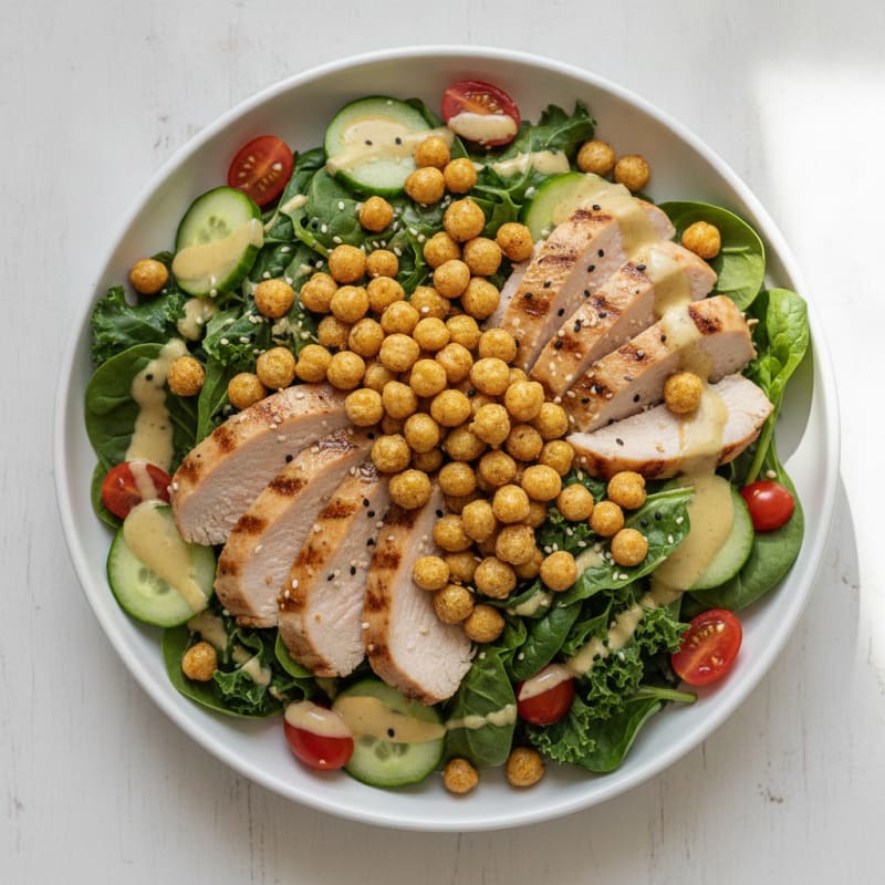 Grilled Turkey Breast Salad with Crunchy Chickpeas and Lemon-Tahini Dressing