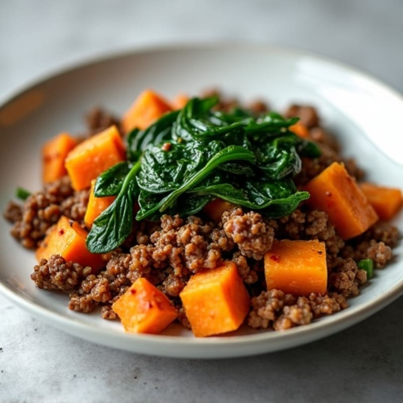 Lean Ground Beef and Crispy Sweet Potato Hash with Sautéed Spinach