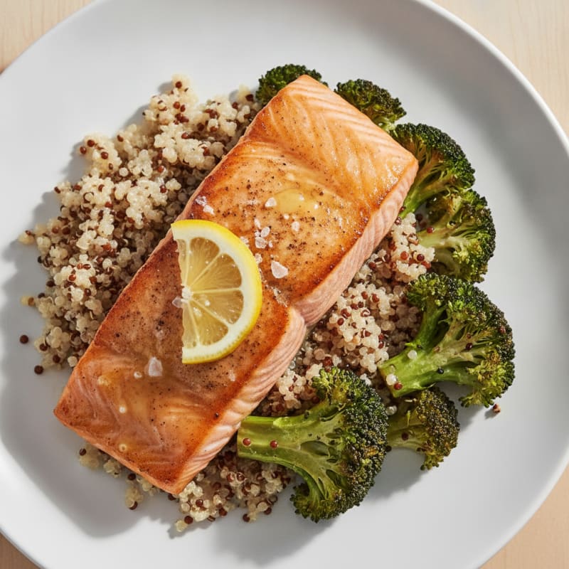 Seared Salmon with Roasted Broccoli and Quinoa