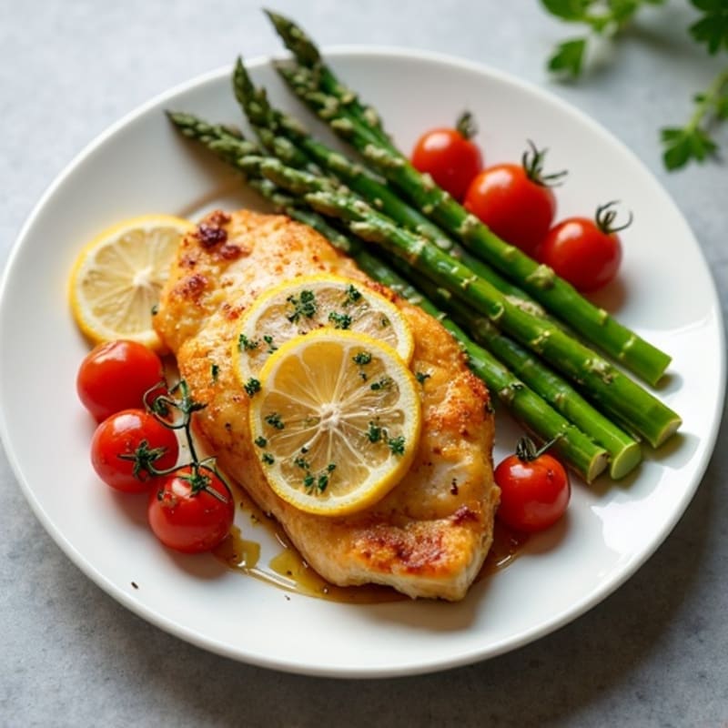 Lemon Garlic Roasted Chicken with Tender Asparagus and Cherry Tomatoes