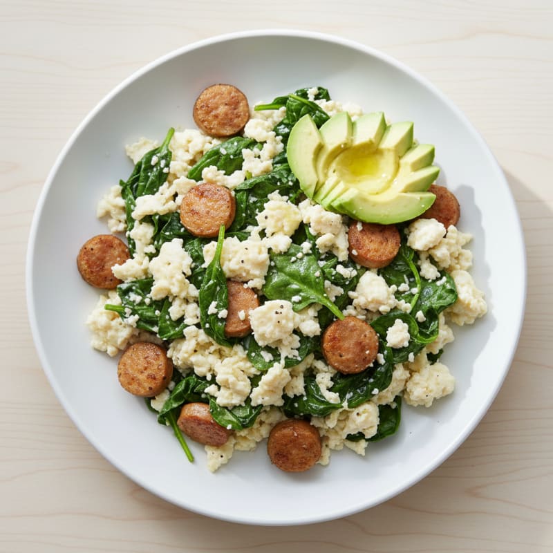 Egg White and Turkey Sausage Scramble with Sautéed Spinach