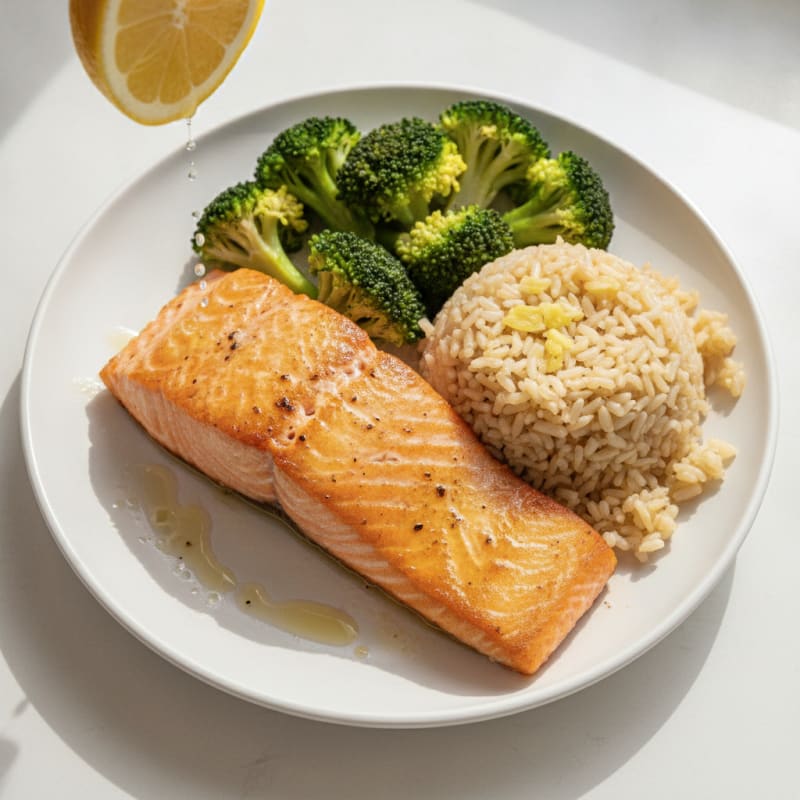 Seared Salmon with Steamed Broccoli and Garlic Brown Rice