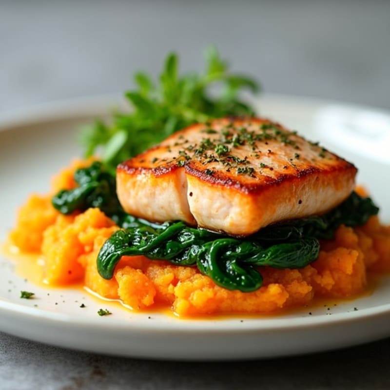Seared Salmon with Garlic Spinach and Sweet Potato Mash