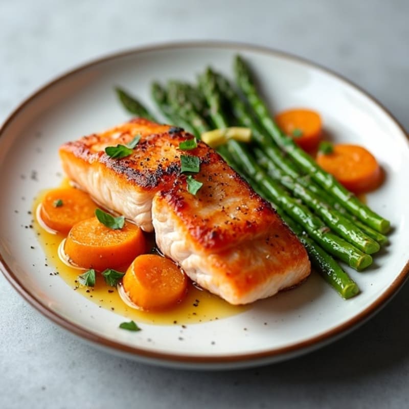 Seared Salmon with Roasted Sweet Potato and Asparagus