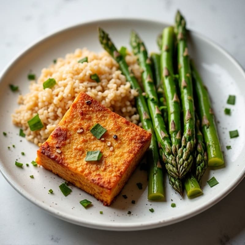 Crispy Baked Tofu with Roasted Asparagus and Brown Rice