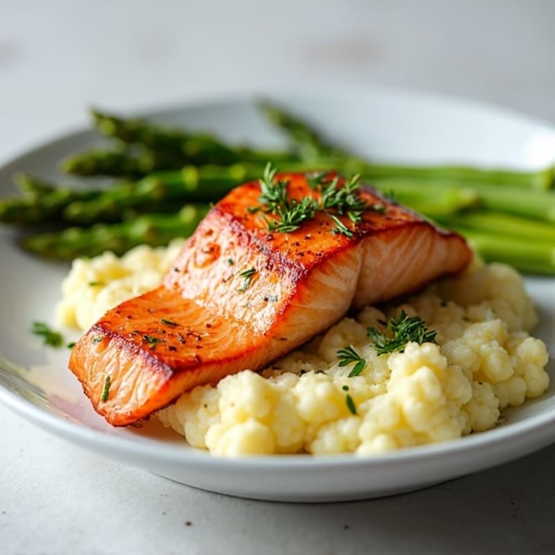 Seared Salmon Filet with Steamed Asparagus and Cauliflower Mash