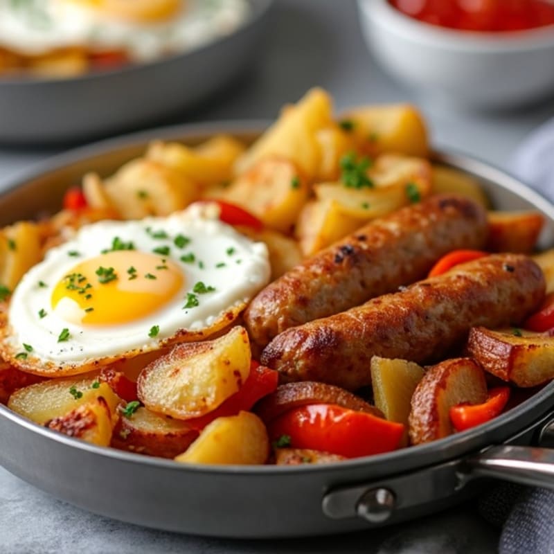 Savory Egg and Crispy Potato Breakfast Skillet with Sautéed Peppers and Onions