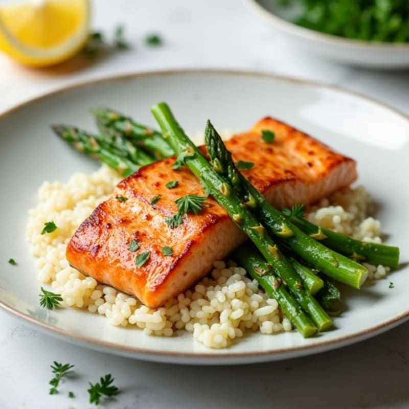 Seared Salmon Fillet with Asparagus and Lemon-Herb Rice