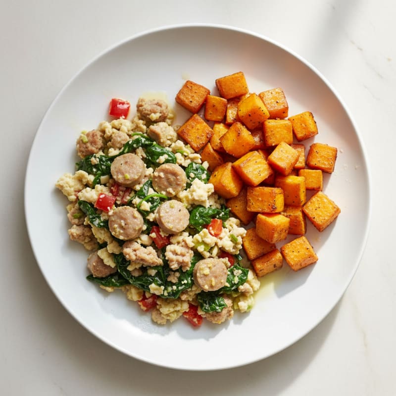 Egg White and Turkey Sausage Scramble with Roasted Sweet Potato