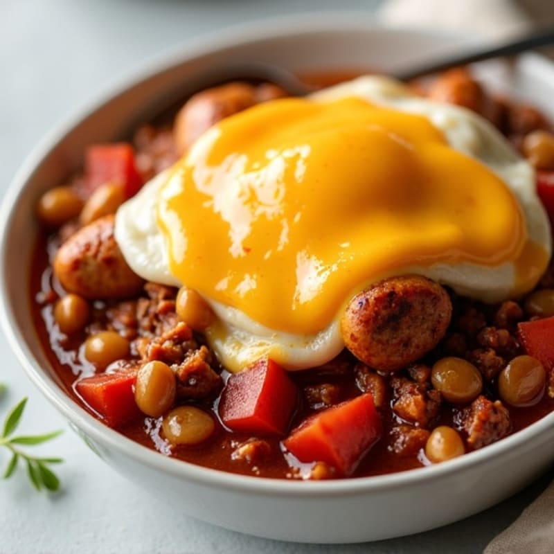 Lean Chicken Sausage with Hearty Beef Chili and Melted Sharp Cheddar