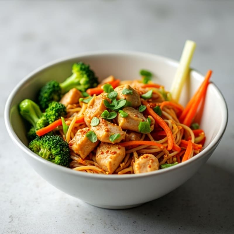 Spicy Ginger Chicken Noodle Bowl with Crispy Vegetables
