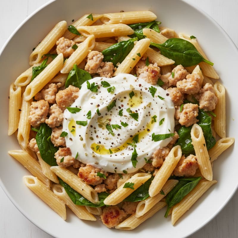 Ground Chicken Penne with Creamy Yogurt Sauce