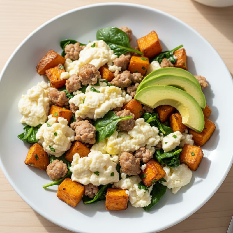 Egg White and Turkey Sausage Scramble with Roasted Sweet Potatoes