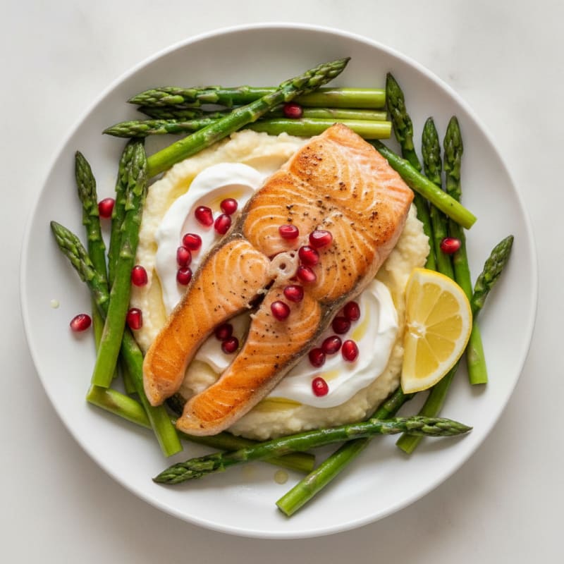 Seared Salmon with Asparagus and Cauliflower Mash