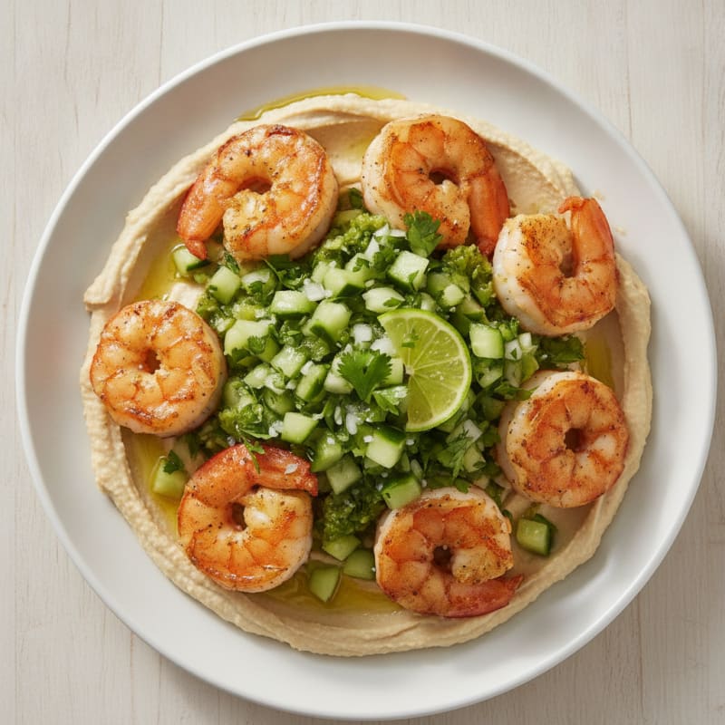 Pan-Seared Shrimp with Green Salsa and Hummus