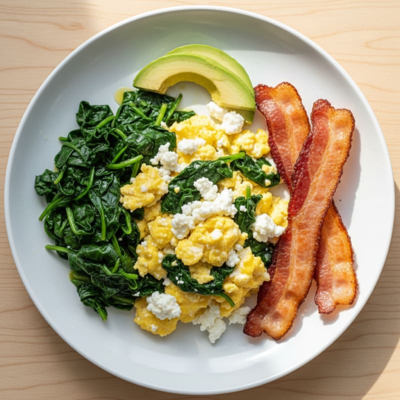 Cottage Cheese Egg Scramble with Sautéed Spinach and Turkey Bacon