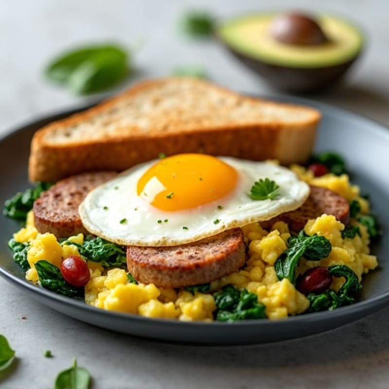 Egg White and Turkey Sausage Scramble with Sautéed Spinach