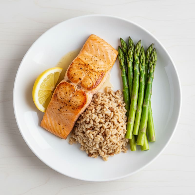 Seared Salmon with Steamed Asparagus and Brown Rice