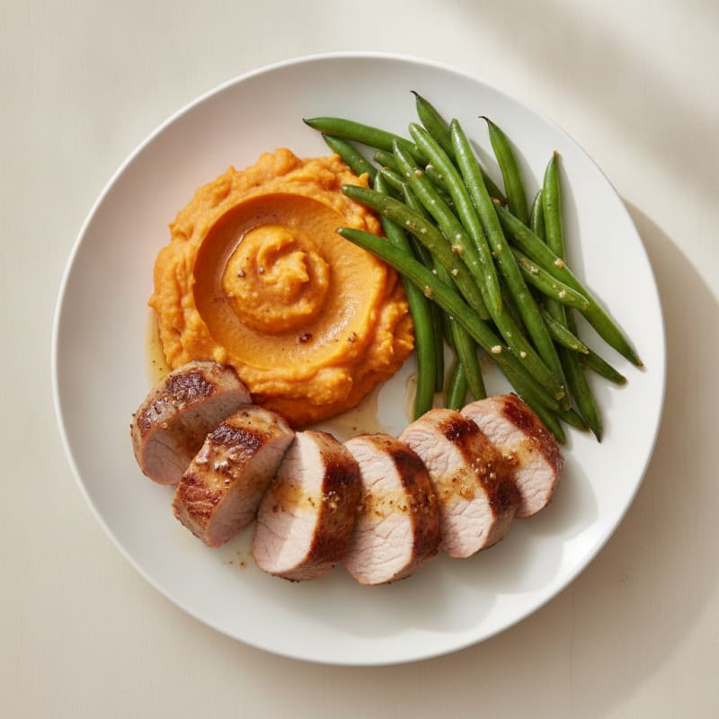 Seared Pork Tenderloin with Steamed Green Beans and Sweet Potato Mash