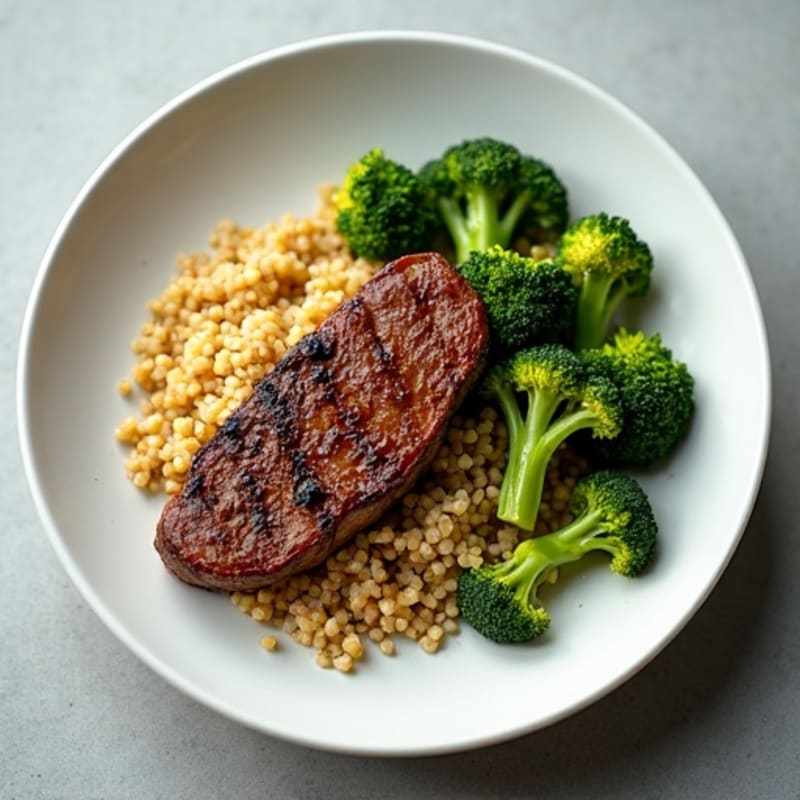 Seared Lean Beef with Roasted Broccoli and Garlic Quinoa