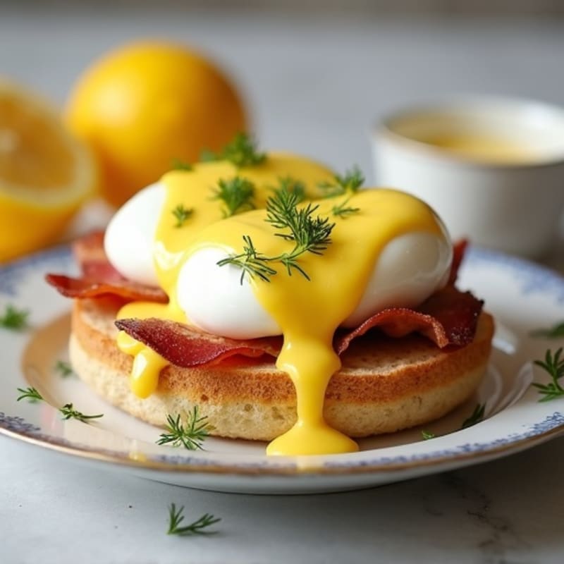 Whole Grain Eggs Benedict with Lean Turkey Bacon and Creamy Lemon-Dill Sauce