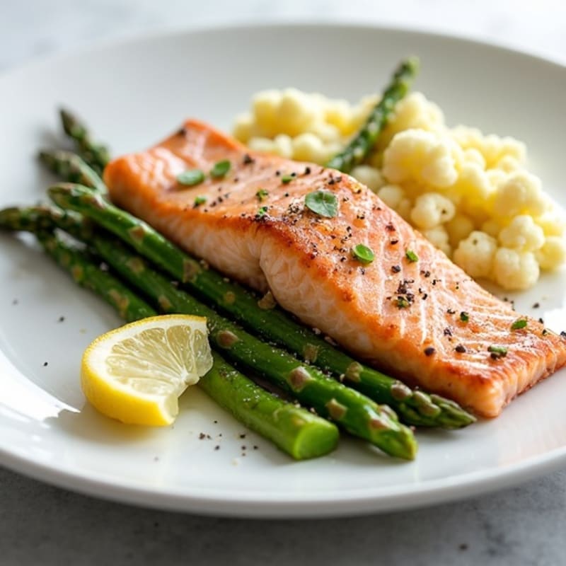 Seared Salmon with Roasted Asparagus and Cauliflower Mash