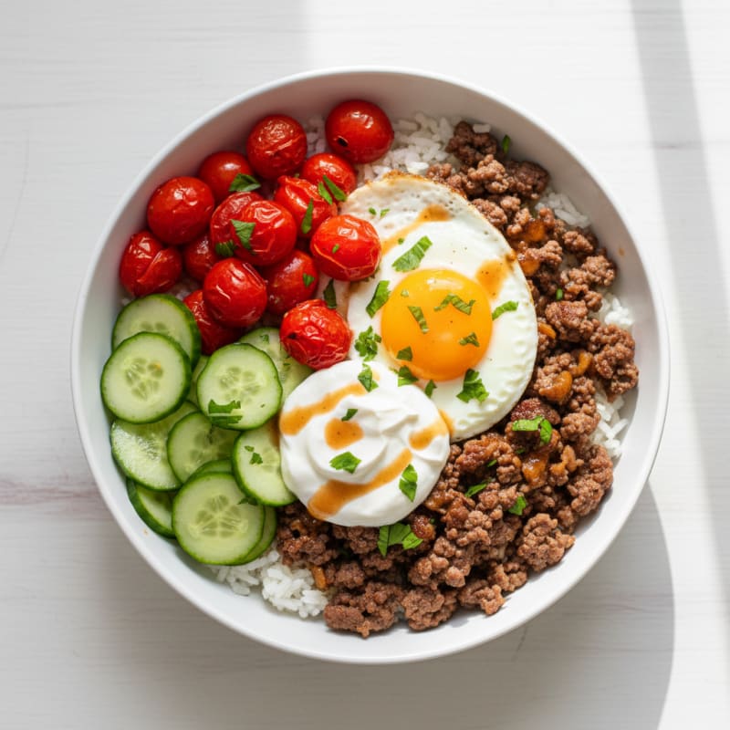 Lean Ground Beef and Rice Bowl with Roasted Tomatoes