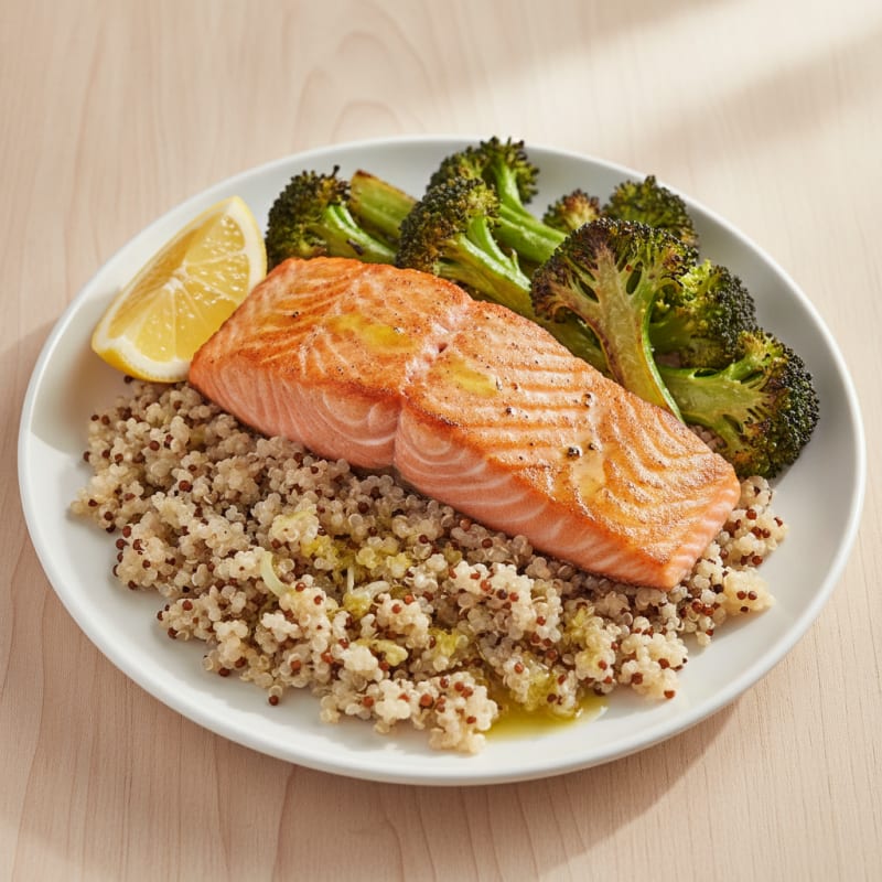 Seared Salmon with Roasted Broccoli and Quinoa
