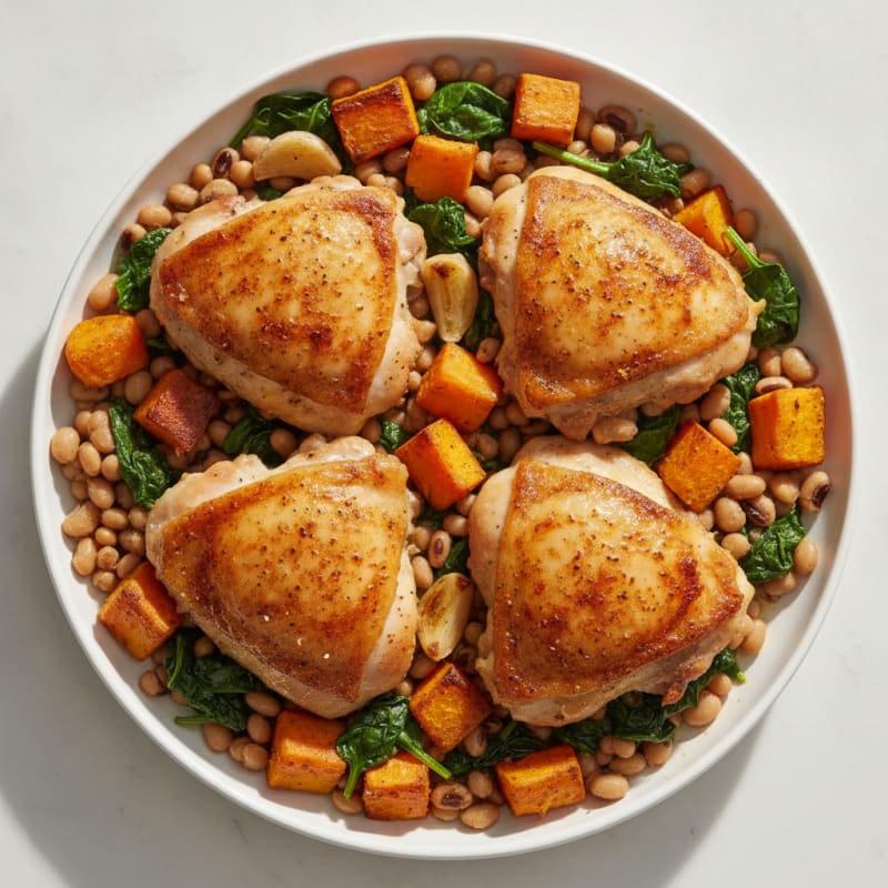 Roasted Chicken Thighs with Blackeye Peas and Wilted Spinach