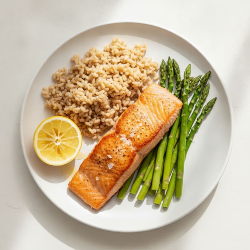 Seared Salmon Fillet with Steamed Asparagus and Brown Rice