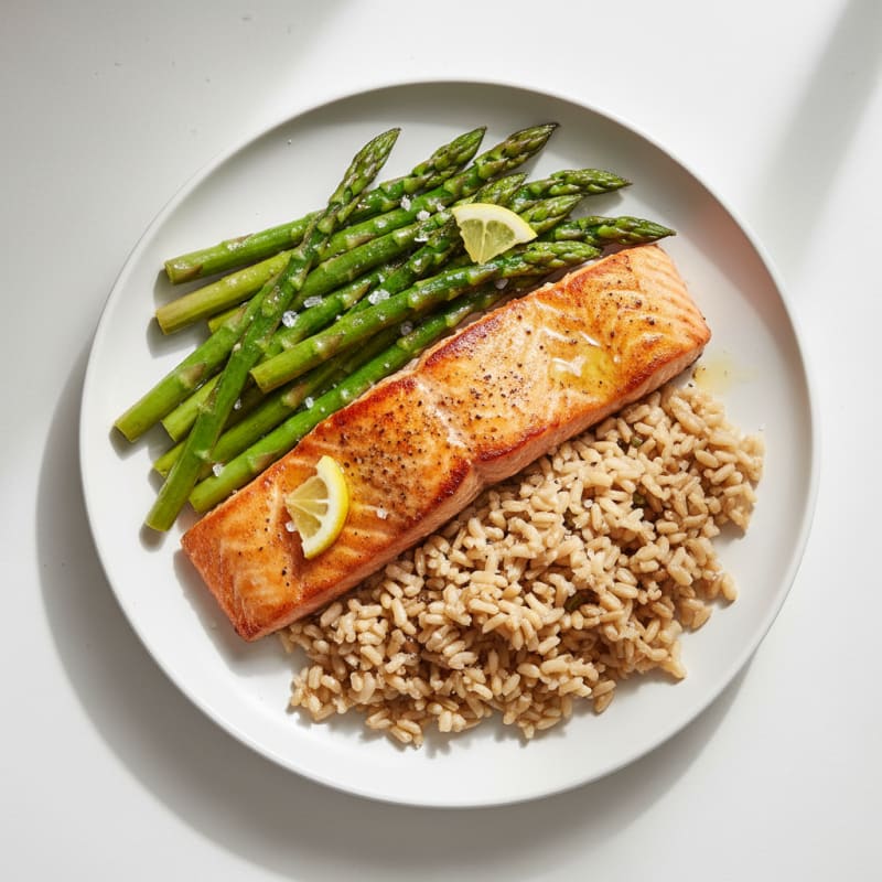 Seared Salmon with Steamed Asparagus and Brown Rice
