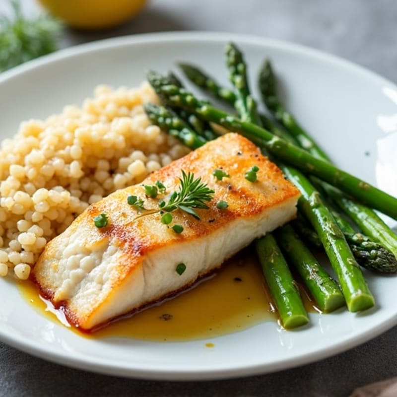 Seared Cod with Steamed Asparagus and Quinoa