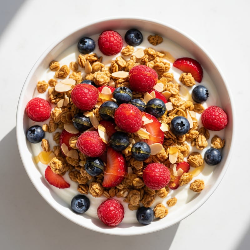 Creamy Greek Yogurt Parfait with Crunchy Almond Granola and Fresh Berries
