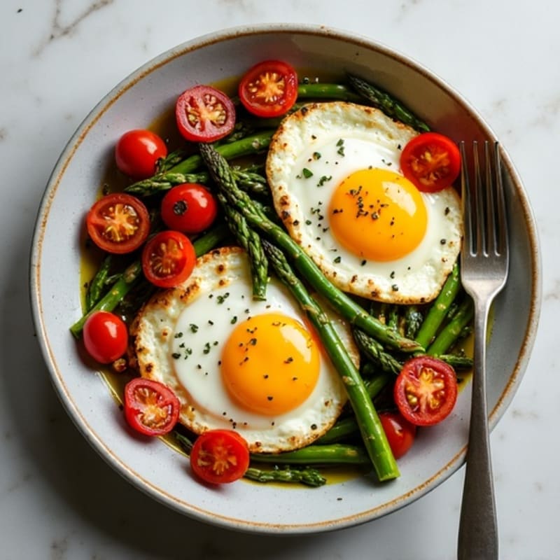 Sheet Pan Eggs with Roasted Asparagus and Cherry Tomatoes