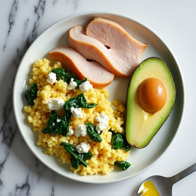 Egg White Spinach Scramble with Cottage Cheese and Sliced Turkey Breast