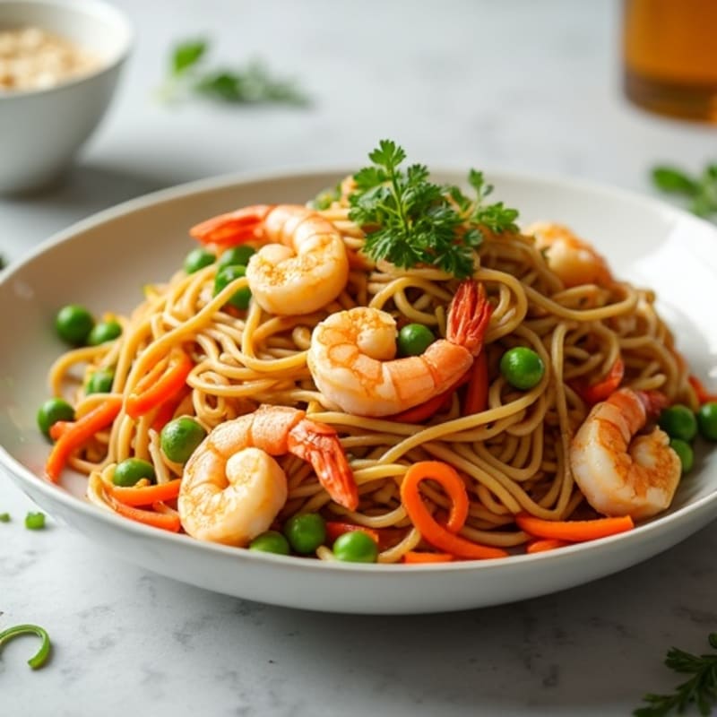 Shrimp Stir-Fried Noodles with Peanut Lime Dressing and Fresh Vegetables