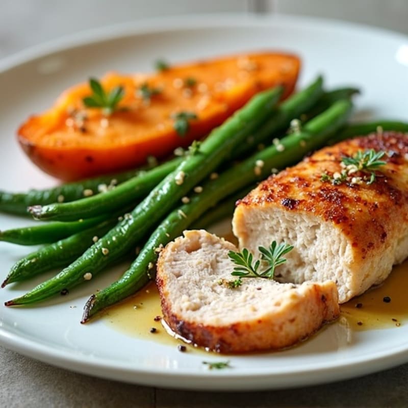 Seared Turkey Breast with Garlic Green Beans and Roasted Sweet Potatoes