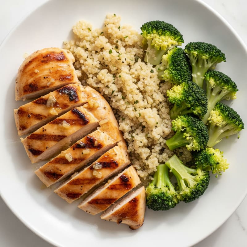 Grilled Lemon Garlic Chicken Breast with Quinoa and Steamed Broccoli