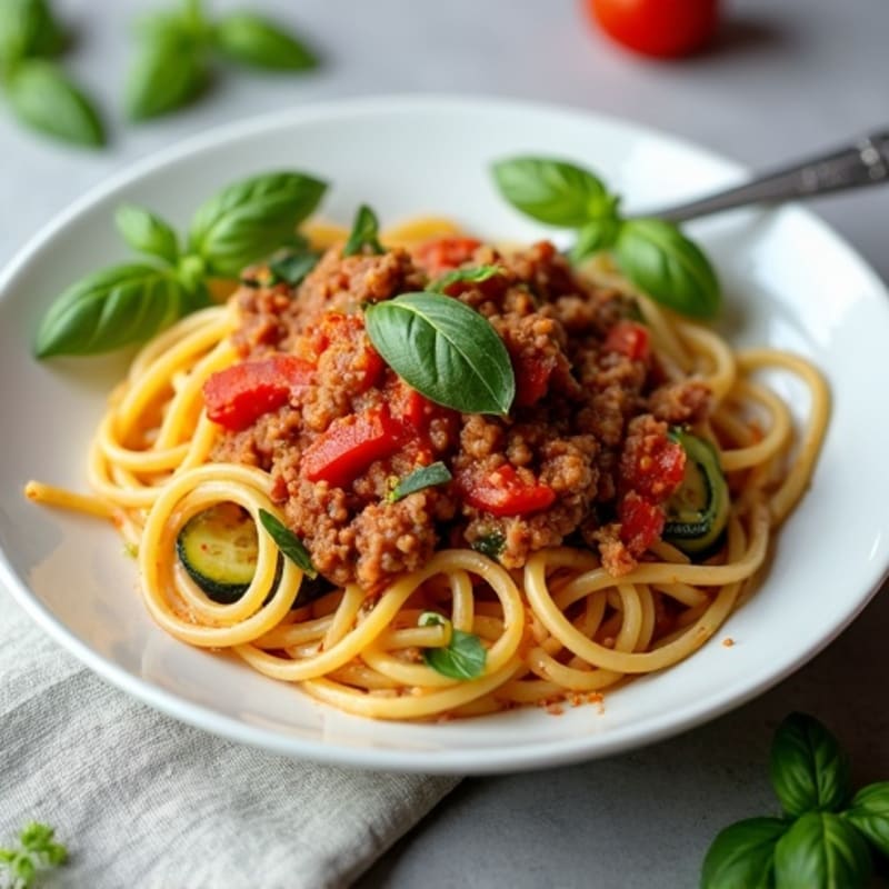Hearty Lean Ground Beef Spaghetti with Sautéed Zucchini and Fresh Basil